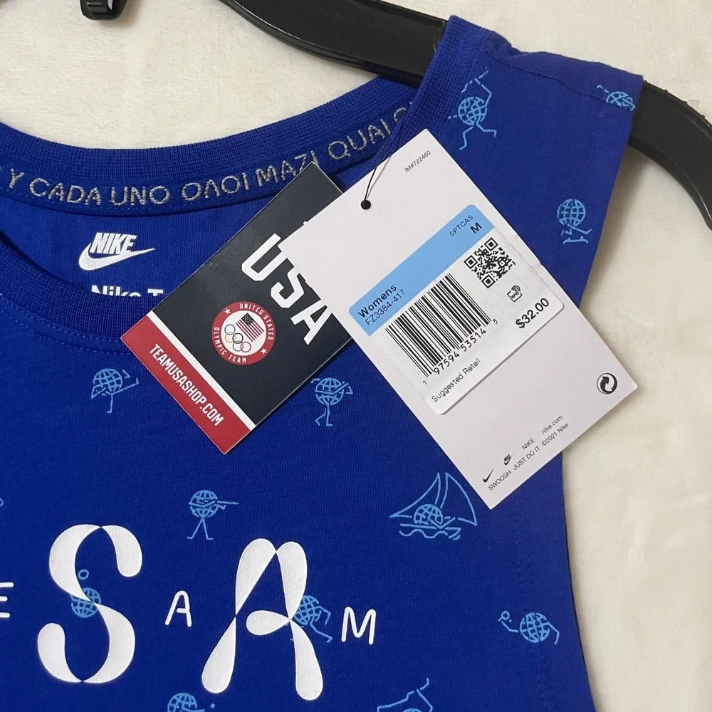 Nike Team USA Olympic Muscle Tank Top Women Medium Blue White All Over Print New